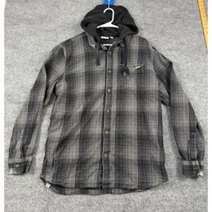 Vans Mens XL Hooded Flannel Shirt Grey Black Plaid Long Sleeve Button Up Hoody
